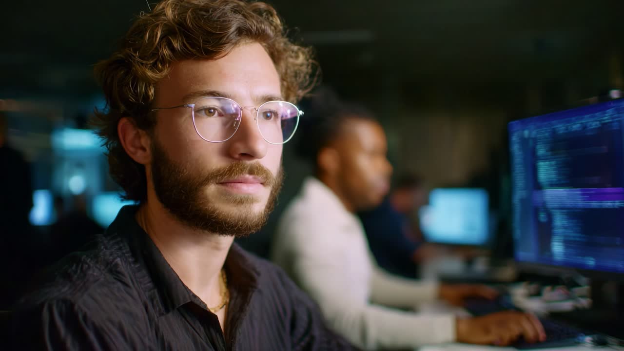 Focused Programmer Analyzing Code in a Modern Workspace with Colleagues in the Background, Showcasing a Dynamic Tech Environment. Professional Development in Action