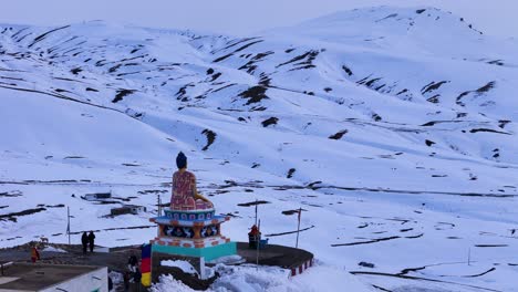 snow-covered himalayas with a buddha statue