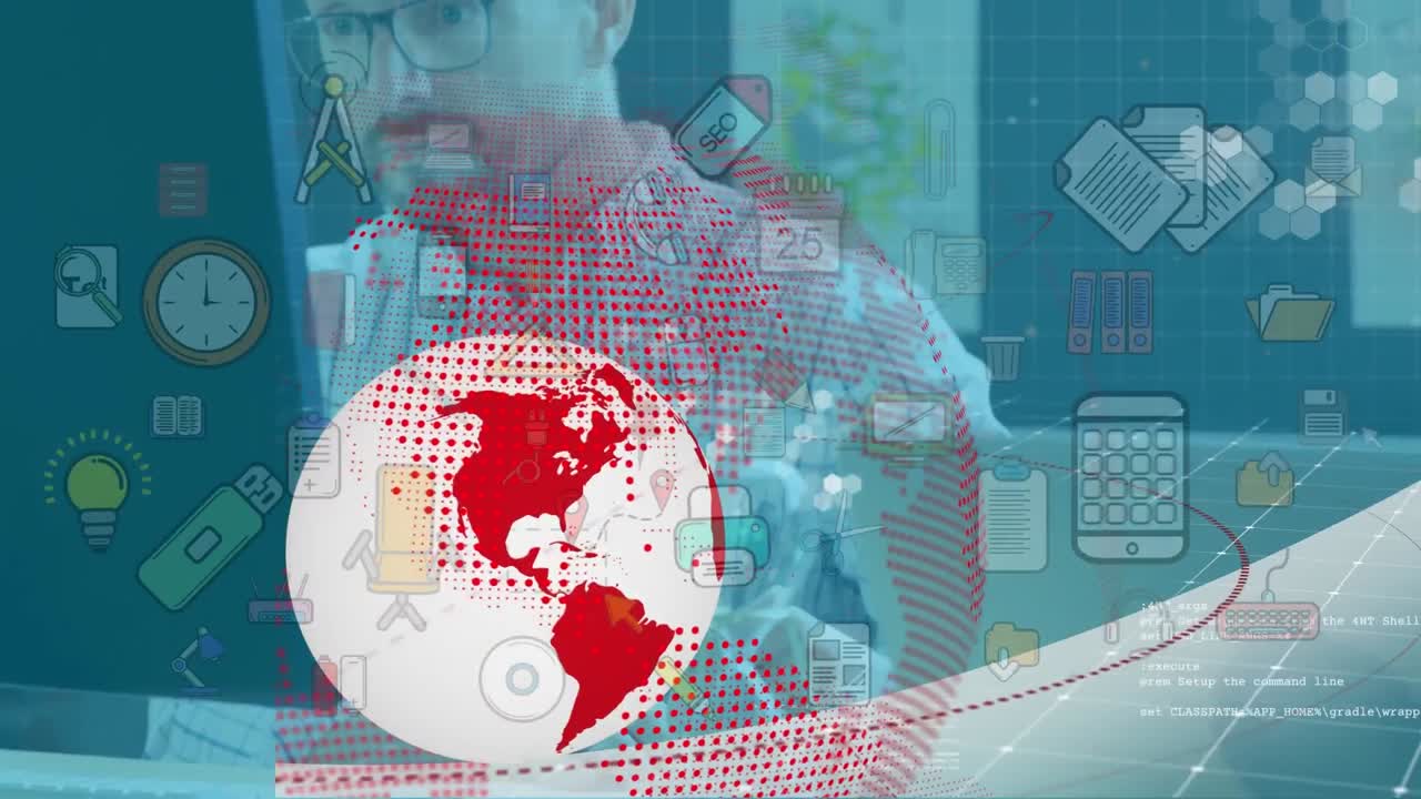 animación del globo y los iconos de los medios de comunicación sobre el hombre de negocios en el escritorio utilizando la computadora