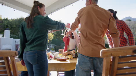 happy diverse male and female friends toasting on celebration meal in sunny garden