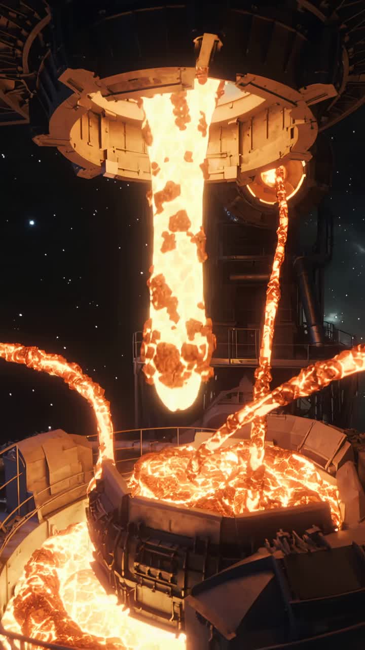 Vertical video: Pouring top nozzle and side conduits feeding round vat at foundry, molten sloshing