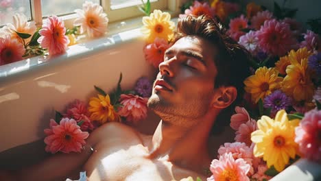 man relaxing in a floral bathtub