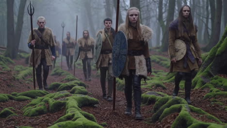 vikings in a misty forest