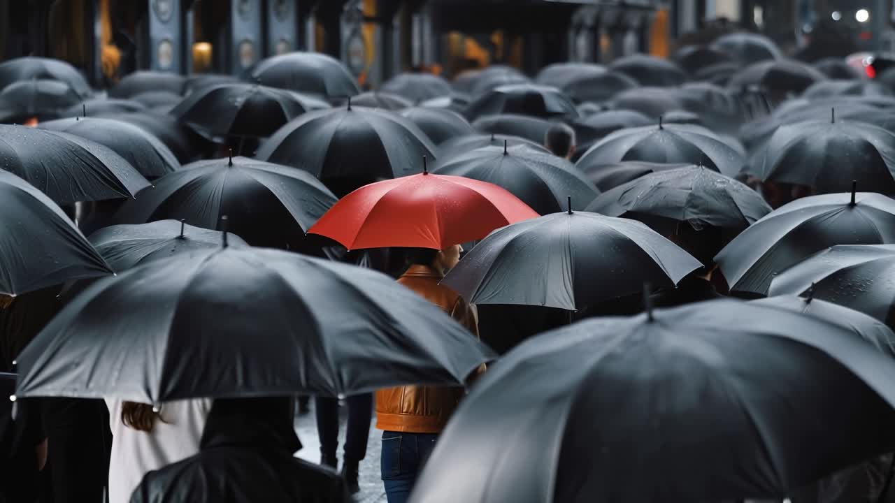 Strada piovosa affollata di ombrelli neri. Un ombrello rosso spicca tra la folla scura. Una persona con un cappotto arancione cammina con calma attraverso il mare di ombrelli. L'atmosfera è tranquilla, concentrata.