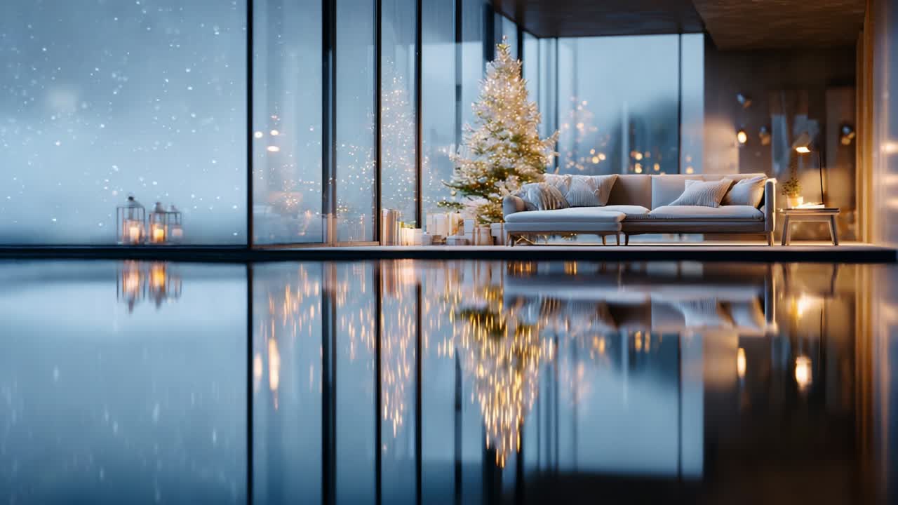 A Cozy Winter Wonderland: Explore the Beautifully Decorated Living Room Featuring a Gleaming Christmas Tree, Soft Couch, and Scenic Views in an Elegant, Snowy Landscape