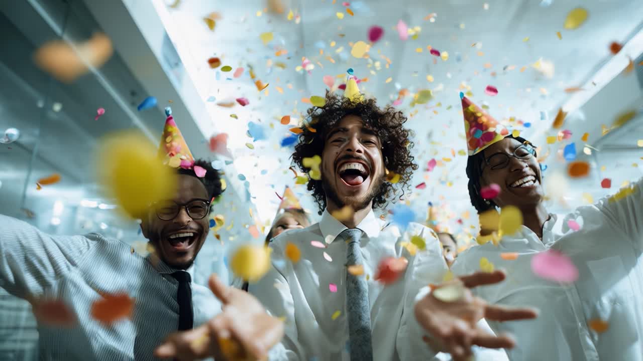 Celebratory Scenes of Joyful Friends in Party Hats Engaging in Excitement and Laughter Amidst Colorful Confetti Showers During a Vibrant Office Celebration Event
