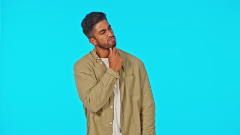 face, thinking and confused man in studio isolated