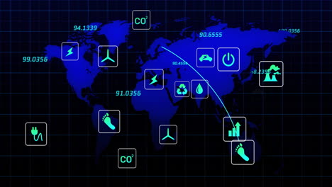 Animation-of-eco-icons-and-data-processing-over-world-map