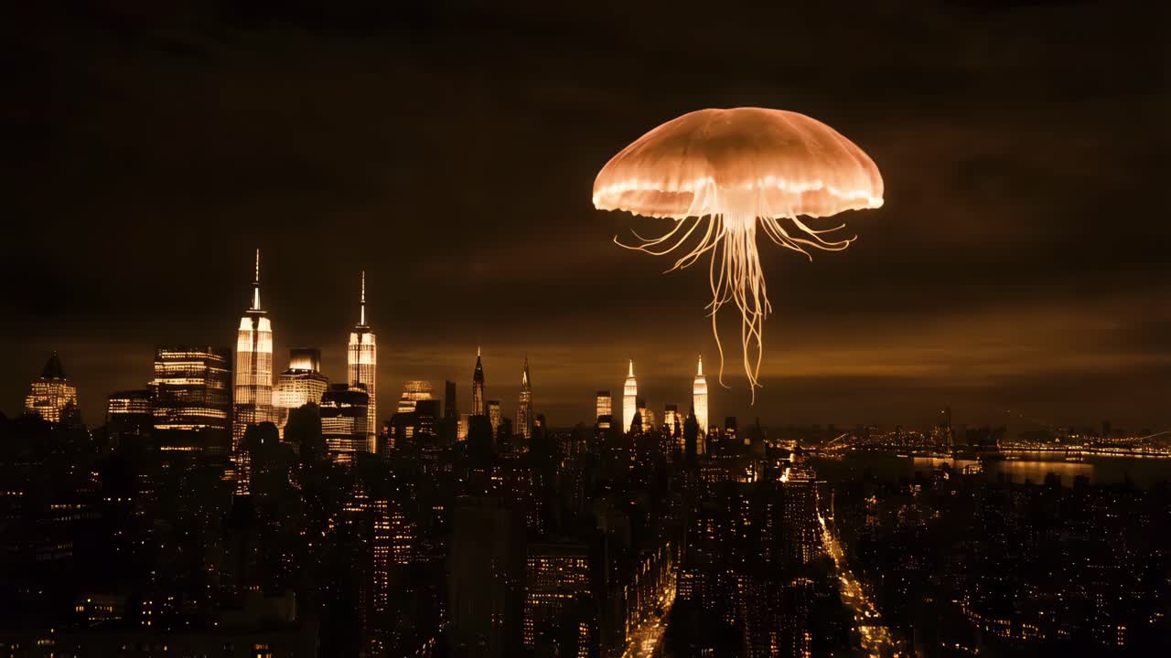Glowing Jellyfish Over the NYC Skyline at Night