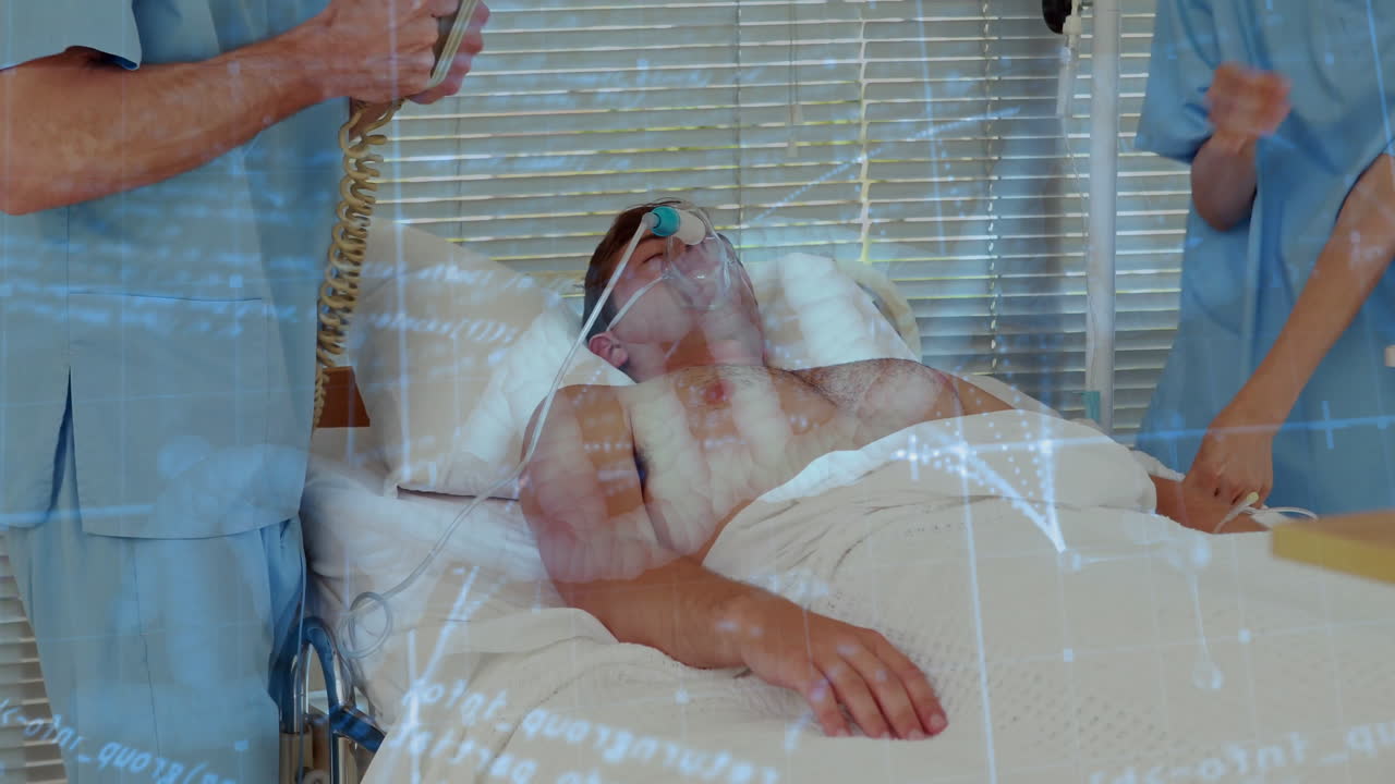 Medical data processing animation over patient receiving care in hospital bed