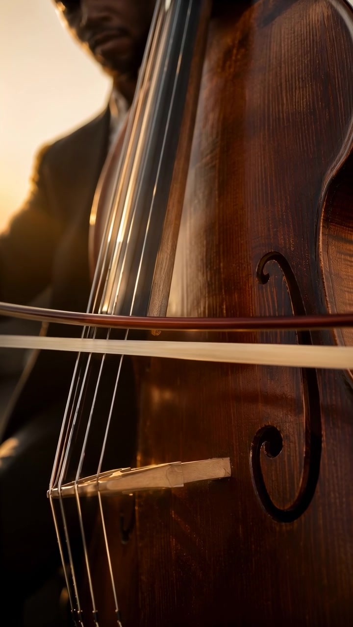 Black male musician bows upright double bass in tight close view, with polished wooden body, visible strings, soft golden rim light, dark formal clothing, blurred background, and refined performance