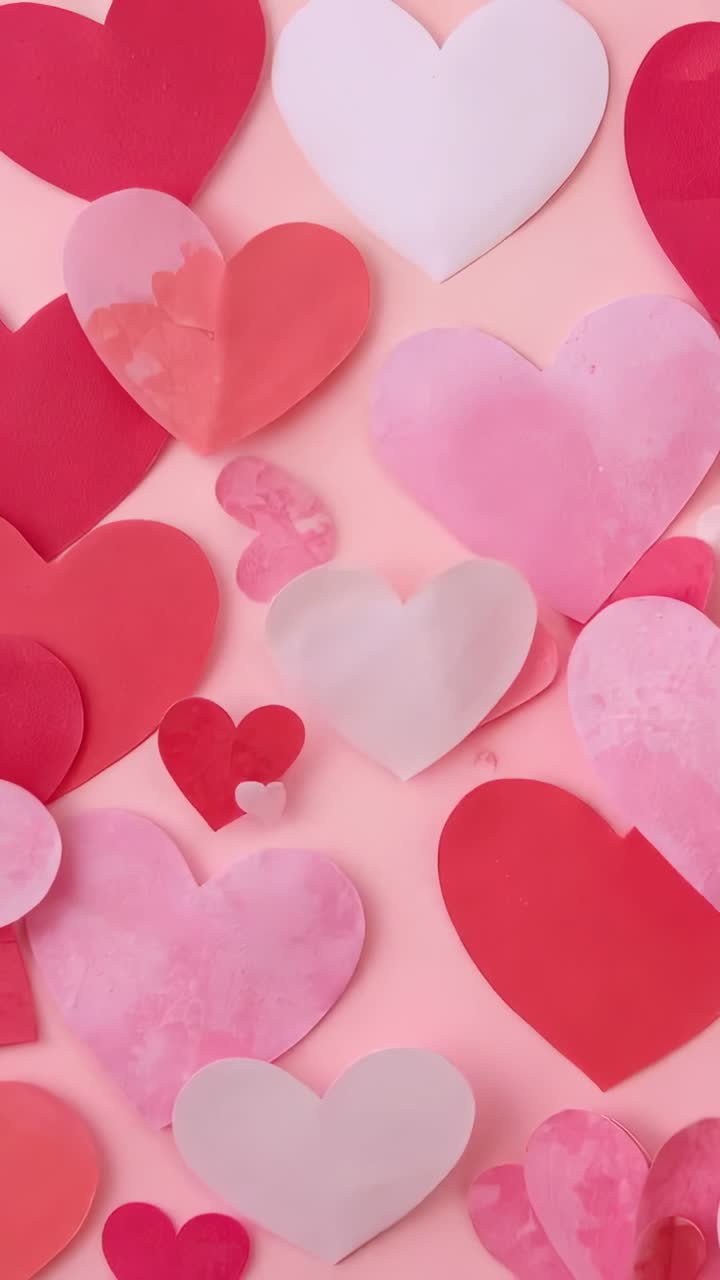Video verticale: cuori di carta che si muovono verso l'interno su sfondo rosa, formando un gruppo a strati