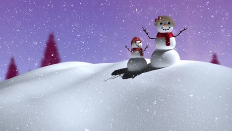 Animation-of-snow-falling-over-smiling-snowmen-in-winter-scenery