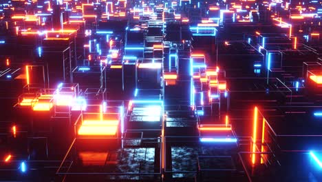 huge abstract digital city with orange and blue lights. infinitely looped animation