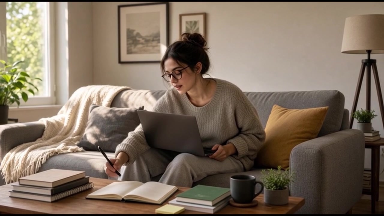 Jovem mulher trabalhando no laptop e escrevendo em um caderno no sofá.