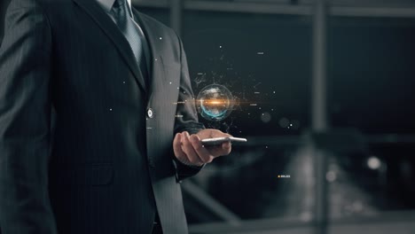 businessman with hydrogen tank hologram concept