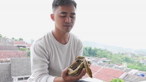 asian young man holding reticulated python