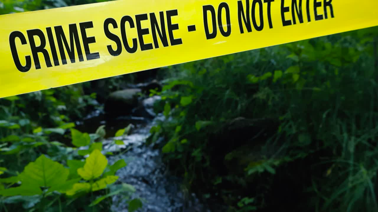Close up footage of a yellow colored police Crime Scene Do Not Enter caution tape ribbon moving and pulled in front of a rural countryside water stream or a river that is bokeh blurry in background