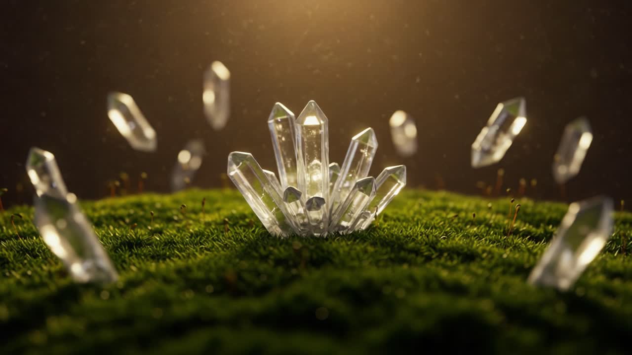 A Stunning Display of Crystals Emanating from Vibrant Green Moss, Glittering with Light in a Serene and Enigmatic Nature Setting, Capturing the Intricacy of Gemstone Formation and Natural Beauty