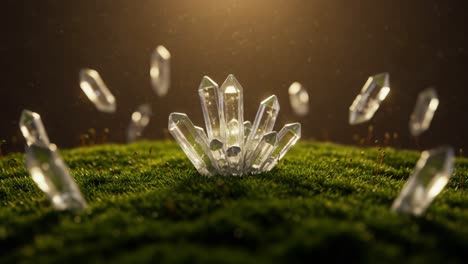 a stunning display of crystals emanating from vibrant green moss, glittering with light in a serene and enigmatic nature setting, capturing the intricacy of gemstone formation and natural beauty