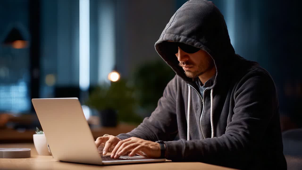 Figura misteriosa con felpa con cappuccio che digita intensamente su un laptop in uno spazio di lavoro moderno scarsamente illuminato, avvolta nell'ombra, con un'aria di segretezza e concentrazione sull'attività
