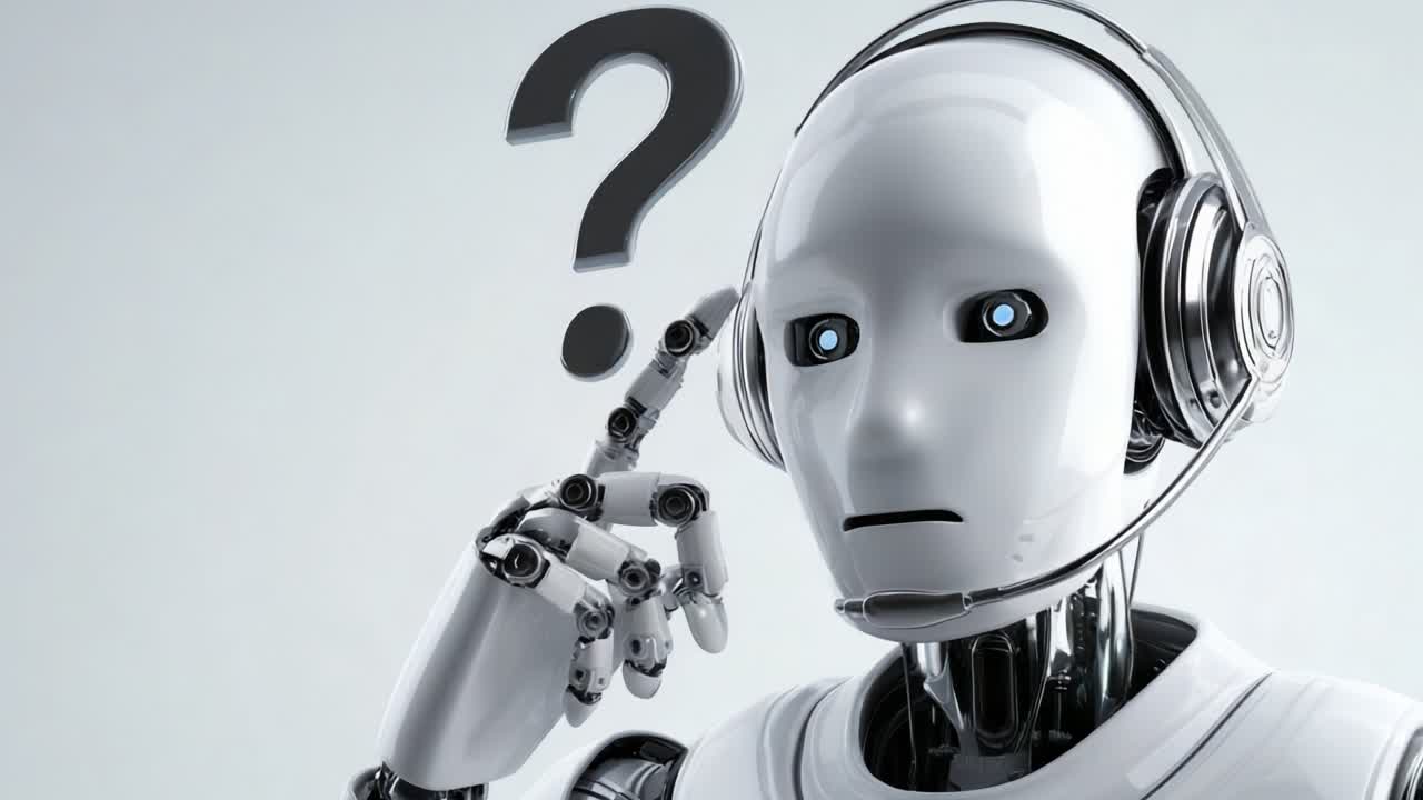 An inquisitive robot with a headset ponders a question, showcasing its curiosity and advanced AI capabilities while interacting in a digital environment