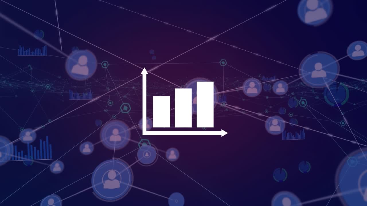 Animation of diagram over network of connections with icons on purple background