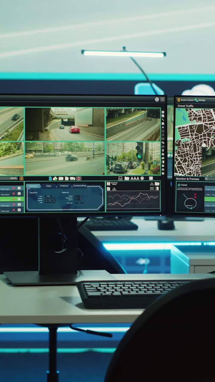 Diversi schermi di computer che mostrano la sorveglianza del traffico stradale in tempo reale