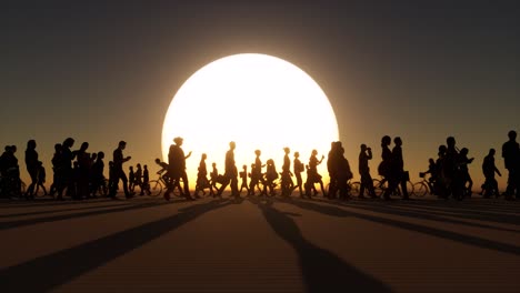 Pedestrians-and-bicycle-silhouettes-pass-by-in-front