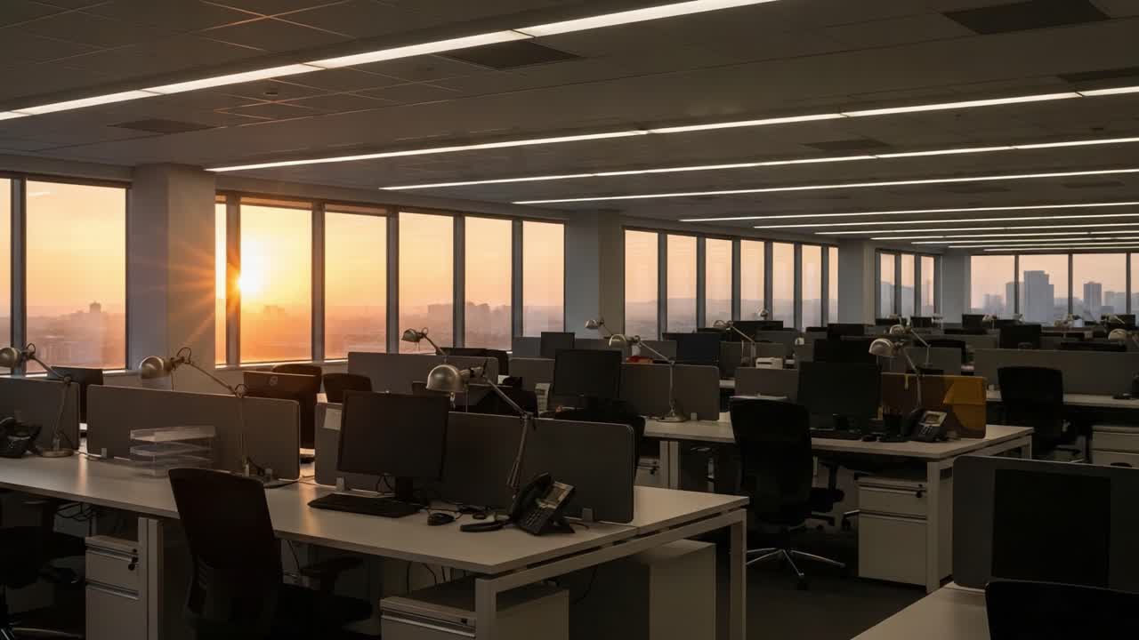 Stunning Sunset View From an Urban Office Interior with Desks, Computers, and a Serene Atmosphere, Capturing the Beauty of Late Afternoon Light and Cityscape