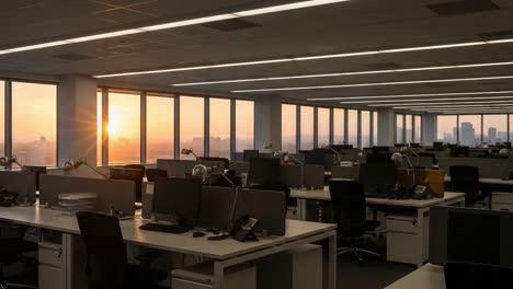 stunning sunset view from an urban office interior with desks, computers, and a serene atmosphere, capturing the beauty of late afternoon light and cityscape
