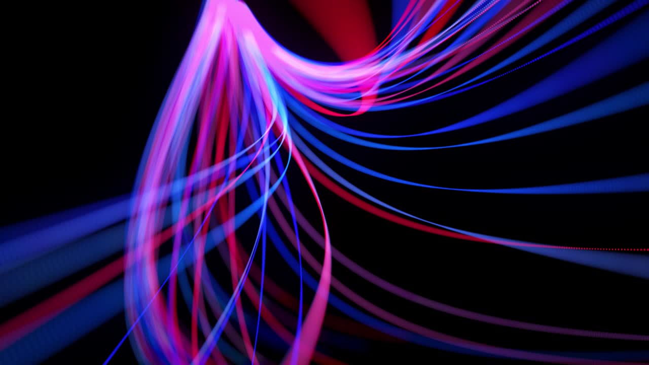 Lysstrøm baggrund i 4k. Abstrakt loopet baggrund med lysspor, strøm af røde blå neonlinjer i rummet bevæger sig for at danne loopede spiralformer. Moderne trendy motion design baggrund. Lyseffekt