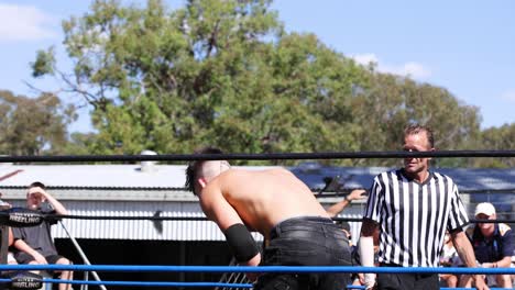 wrestler performs acrobatic somersault over opponent.