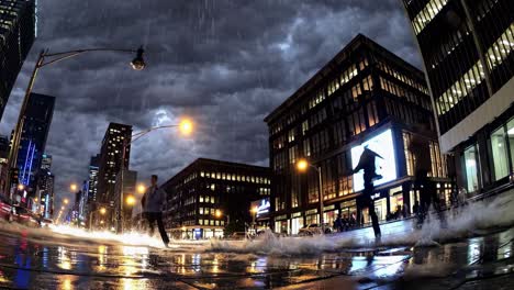 hombre de negocios navegando por la calle húmeda de la ciudad durante una fuerte tormenta nocturna, salpicando a través del charco con una dramática atmósfera urbana y un movimiento dinámico