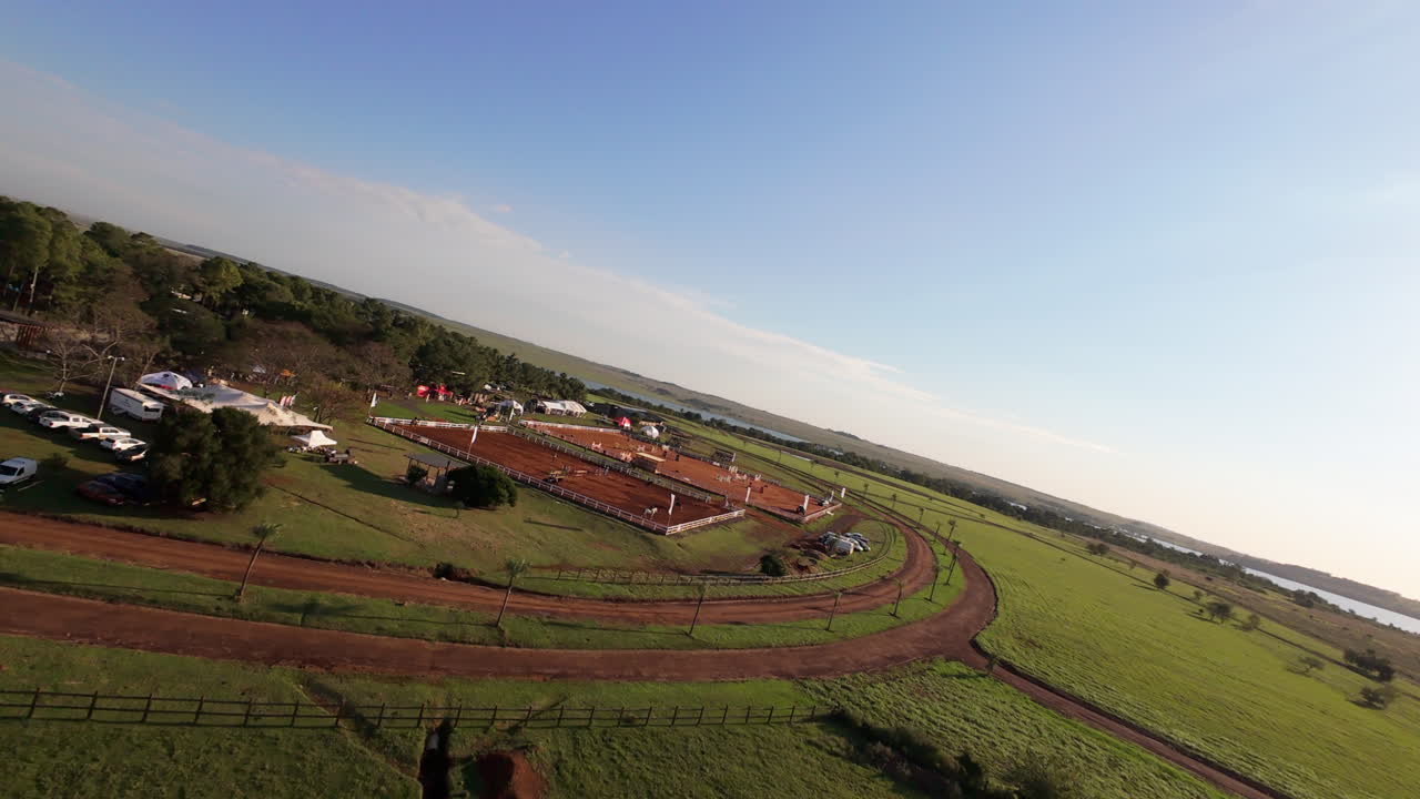 Aerial view of exclusive equestrian sports complex, competition and training track