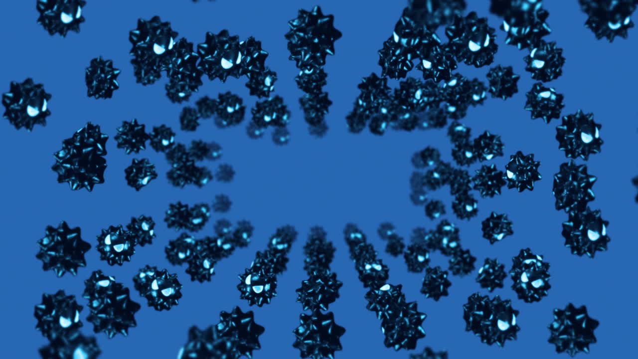 파란색 배경의 만화 캐릭터에서 많은 바이러스를 날아다니는. 의학 개념. 화를 내는 재미있는 검은 바이러스 마스코트. 3d 루프 애니메이션.