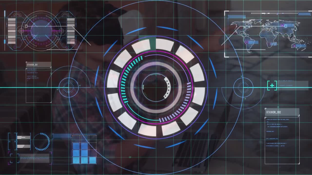 집에서 vr 헤드 ⁇ 을 착용하는 백인 소년에 대한 디지털 인터페이스를 통해 스캔 범위