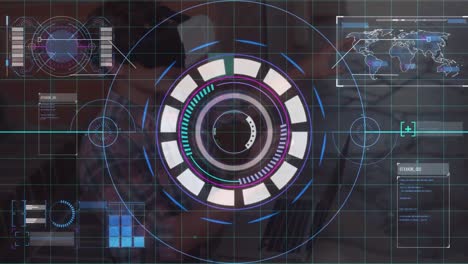 Scope scanning over digital interface against caucasian boy wearing vr headset at home