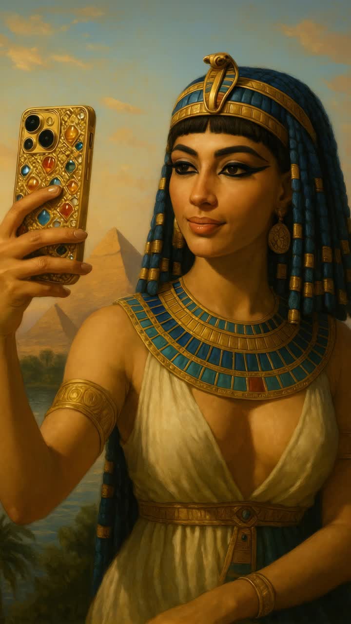 Digitaalinen taideteos muinaisesta egyptiläisnaisesta ottamassa selfietä älypuhelimella