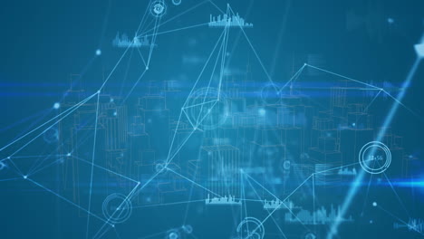 animación de la red de conexiones y procesamiento de datos sobre la ciudad sobre fondo azul