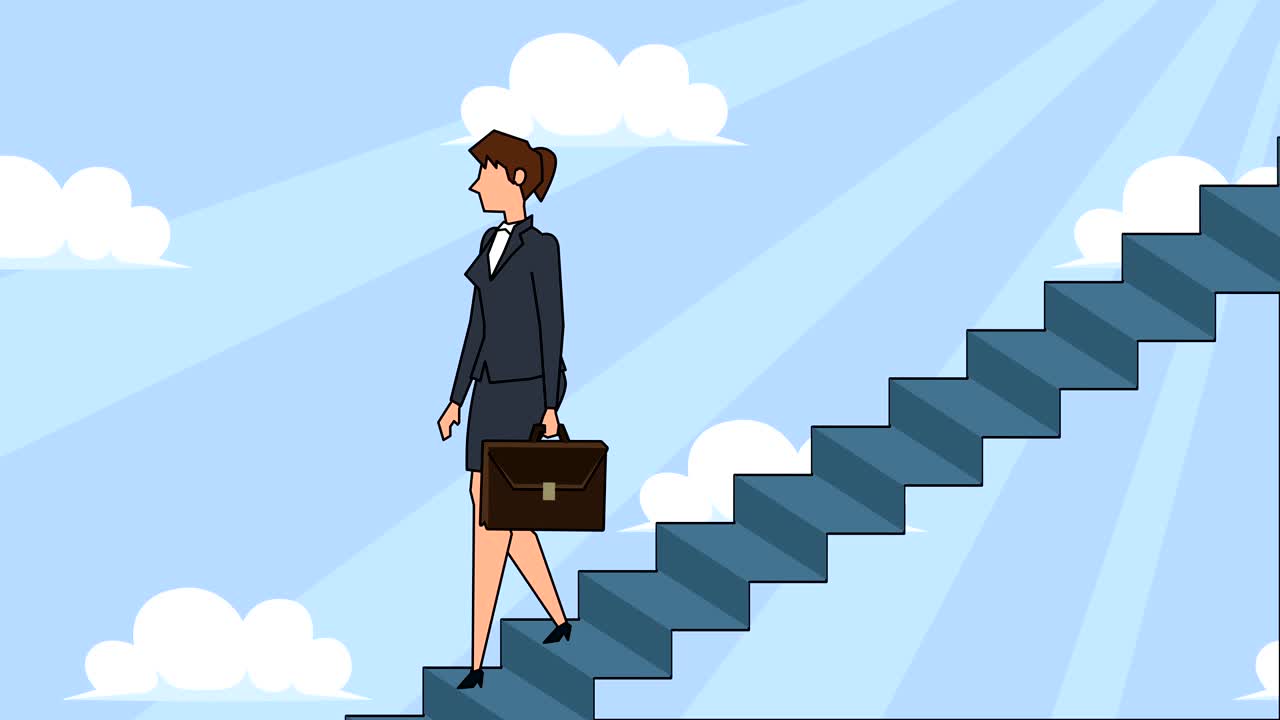 personaje de mujer de negocios de dibujos animados plano con bolsa de caso baja por la escalera de la carrera escaleras de concepto de animación