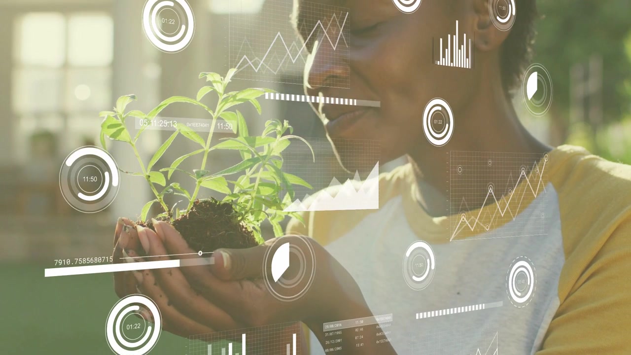Woman cradling seedling in garden, spotting leaf then lifting plant, inspecting with AR over face