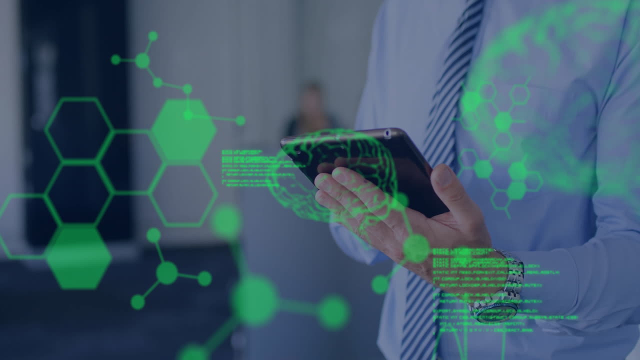 animación de cerebros humanos y procesamiento de datos digitales sobre hombre caucásico usando tableta