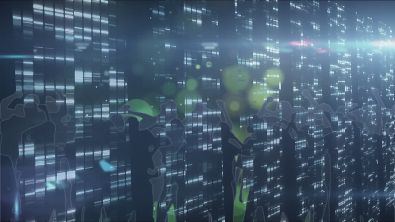 animación de siluetas de personas bailando con puntos brillantes de luz