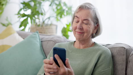 Senior-woman,-sofa-and-video-call-on-smartphone