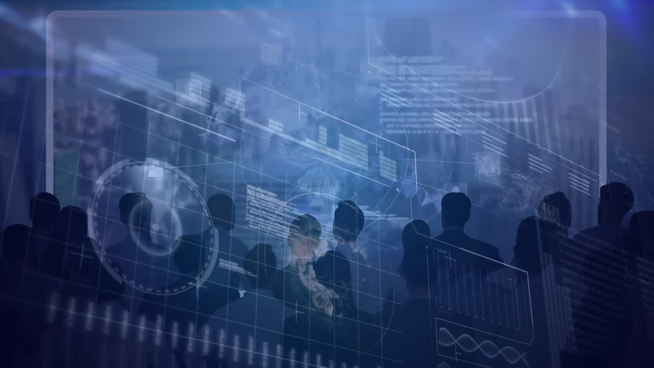 도시 풍경과 함께 화면을 보는 사람들에 대한 데이터 처리 애니메이션