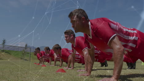 soccer players doing push-ups over network connections animation on field