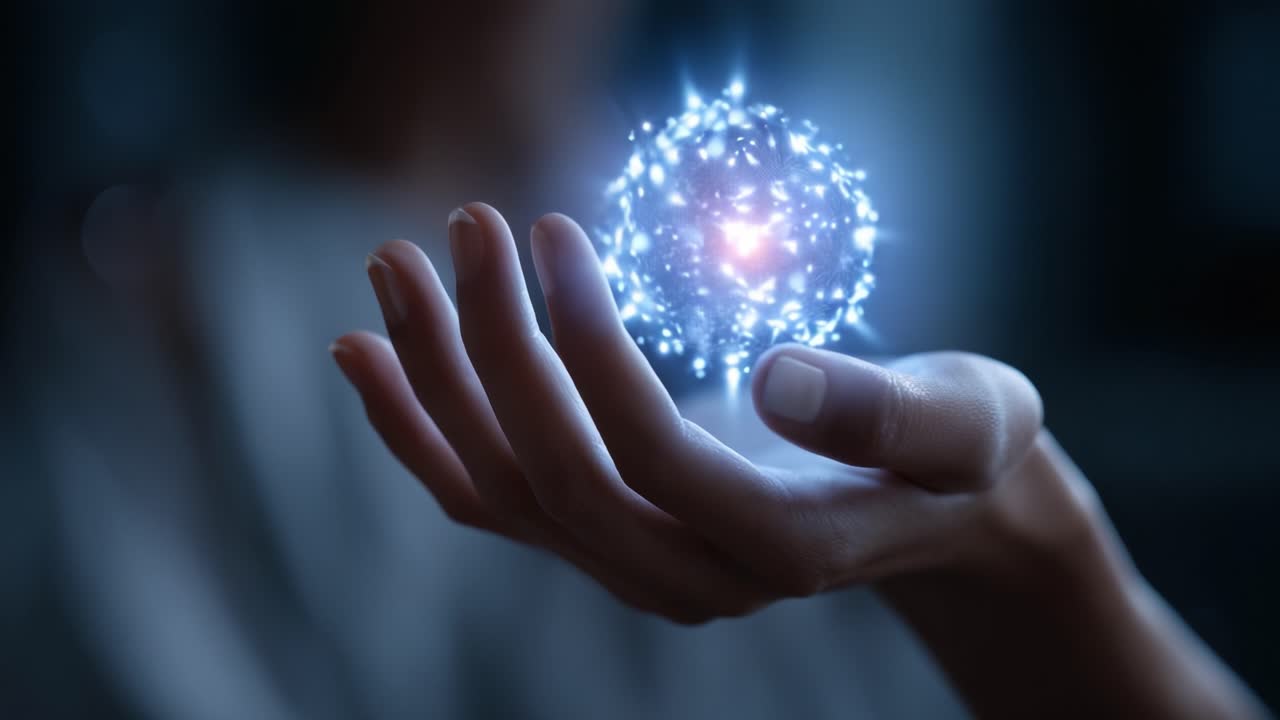 Uma exibição hipnotizante de energia e luz em uma mão, mostrando um orbe cintilante que simboliza a criatividade, a inovação e a magia da imaginação brilhando intensamente