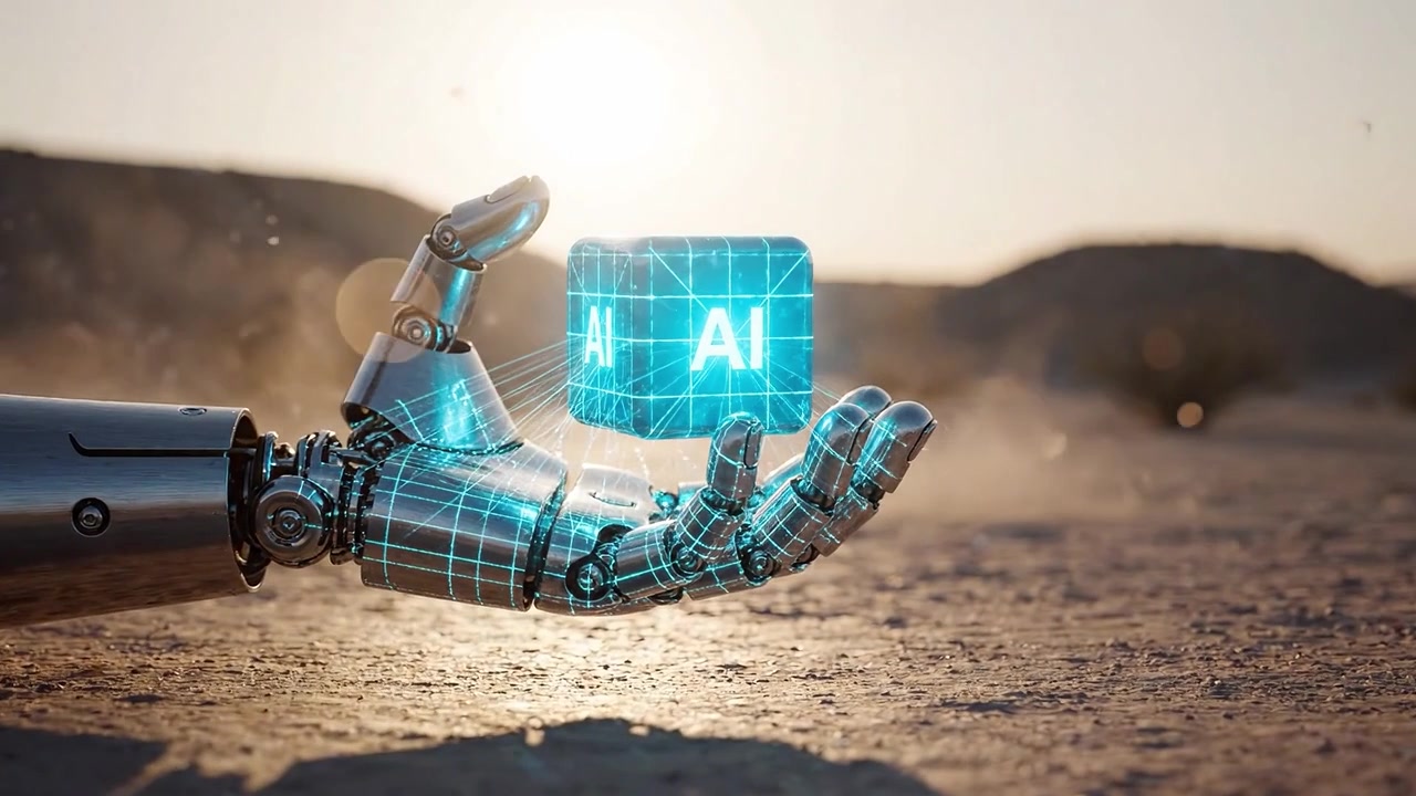 Una mano robotica futuristica tiene un cubo luminoso con la scritta 'AI', che riflette i progressi nell'intelligenza artificiale e nella tecnologia in un paesaggio sereno.
