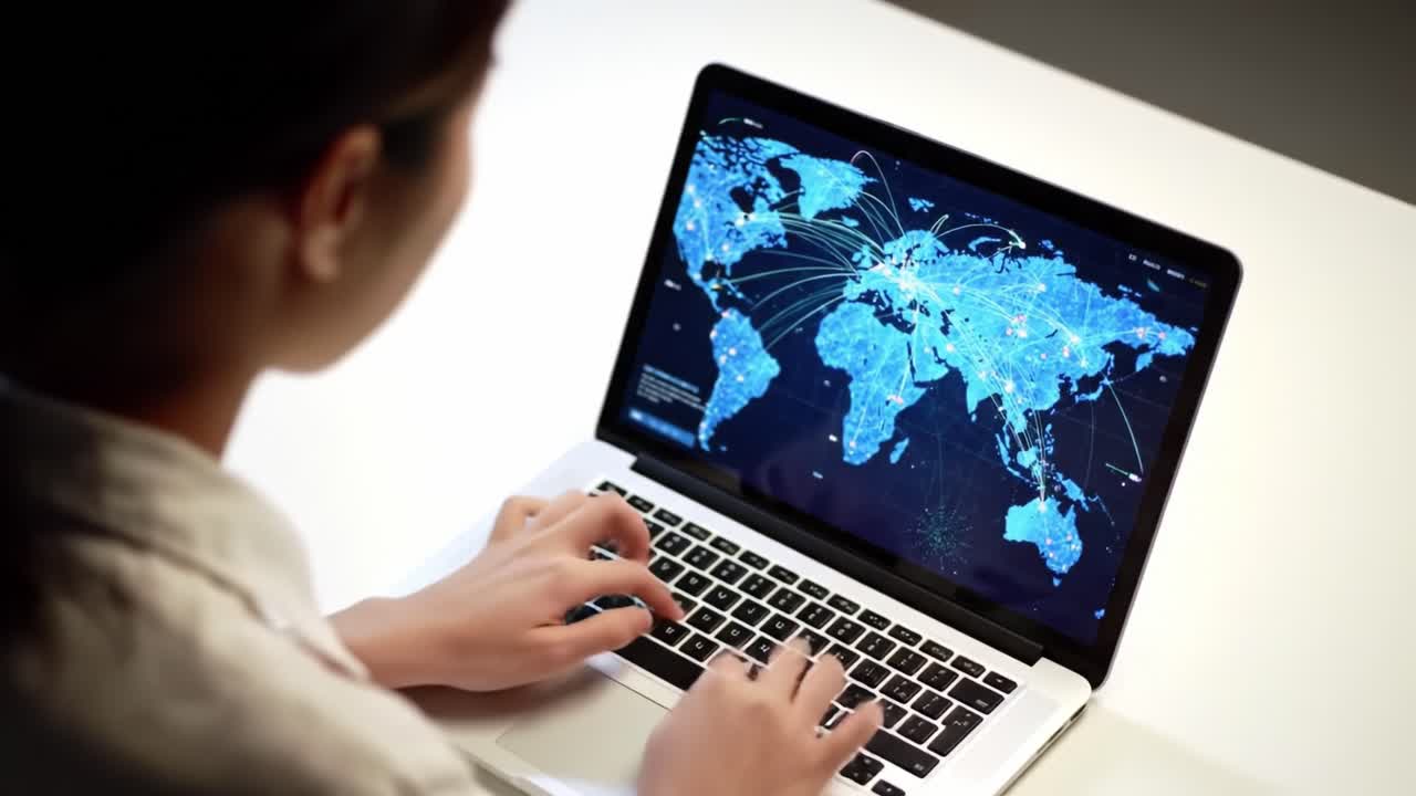 A focused individual interacts with a laptop displaying a vibrant world map, showcasing intricate data connections, symbolizing global communication and technology integration.